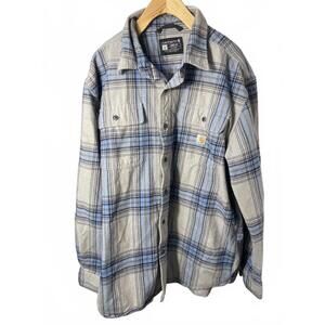 Carhartt Plaid Flannel Shirt Men's Large Work Wear Gray Blue